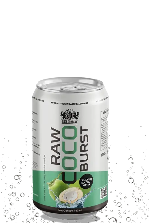 RAW Coco Burst 180ml can of coconut water by London Juice Company with pulp, no added sugar.